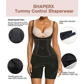SHAPERX Shapewear for Women Tummy Control Open Bust Thigh Slimmer Body Shaper, SZ2490293-Black-M