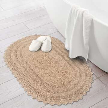 RAJRANG Bath Rug for Bathroom Kitchen and Spa with Crochet Pattern Cotton Luxury Absorbent Soft Reversible Boho Bath Mat Sand Oval 24x17 Inches