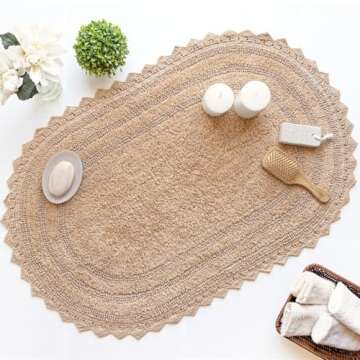 RAJRANG Bath Rug for Bathroom Kitchen and Spa with Crochet Pattern Cotton Luxury Absorbent Soft Reversible Boho Bath Mat Sand Oval 24x17 Inches
