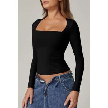 QINSEN Women's Square Neck T Shirt Slim Fit Long Sleeve Going Out Tops Stretchy Basic Tees Black XS