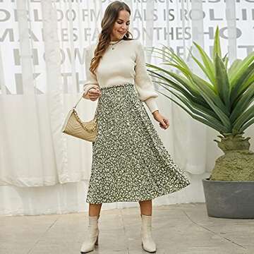 EXLURA Womens High Waist Polka Dot Pleated Skirt Midi Swing Skirt with Pockets