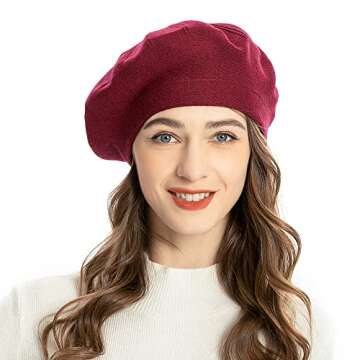 ZLYC French Beret hat, Reversible Solid Color Cashmere Knit Warm Beret Cap for Womens Girls (Burgund...