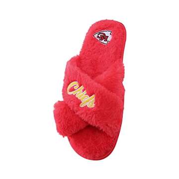 FOCO Women's NFL Team Logo Cross Band Soft Plush Furry Cozy Open Toe House Shoes Slippers, Kansas City Chiefs, Medium 7-8