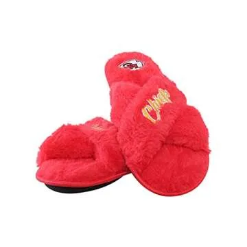 FOCO Women's NFL Team Logo Cross Band Soft Plush Furry Cozy Open Toe House Shoes Slippers, Kansas City Chiefs, Medium 7-8