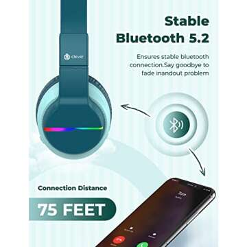 iClever BTH12 Kids Bluetooth Headphones,Colorful LED Lights Wireless Kids Headphones,74/85dBA Safe Volume,85H Playtime,Bluetooth 5.2,Over Ear Headphones Built-in Mic for iPad/Tablet/Airplane,Green
