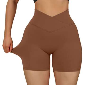 MOOSLOVER Women V Cross Waist Workout Shorts Butt Lifting High Waisted Biker Shorts(S,#1 Brown)