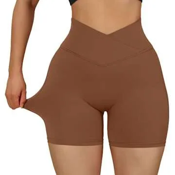 MOOSLOVER Women V Cross Waist Workout Shorts Butt Lifting High Waisted Biker Shorts(S,#1 Brown)