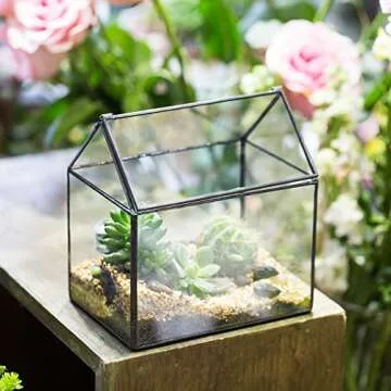 NCYP Small 6.1" x 6.3" x 4.33" Glass Terrarium Box with Lid for Succulent, Air Plants - House Shape Closed Geometric Planter Pot - Home Garden Tabletop Decoration, Black (No Plants)