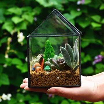 NCYP Small 6.1" x 6.3" x 4.33" Glass Terrarium Box with Lid for Succulent, Air Plants - House Shape Closed Geometric Planter Pot - Home Garden Tabletop Decoration, Black (No Plants)
