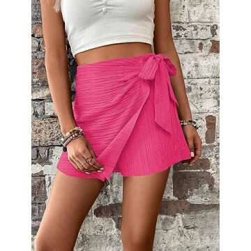 WDIRARA Women's Summer Mini Wrap Shorts Knot High Waist Belted Skorts Zipper Casual Loose Skirt Hot Pink Solid XXL