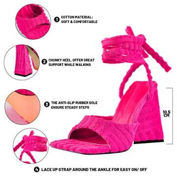 Onlymaker Women's Square Toe Chunky Heels Sexy Ankle Strappy Lace Up Heels Wide Open Toe High Block Heeled Sandals Fashion Party Dress Wrap-Up Tie-Up Chunky Block High Heels Pink Size 7