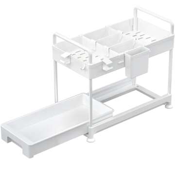 SOLEJAZZ 2-Tier Under Sink Organizer, Under Bathroom Sink Cabinet Sliding Under Sink Storage Organization, Multi-purpose Kitchen Shelf with Hooks, Hanging Cup, White