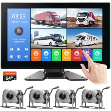 4-Channel 1080P Backup Camera for Truck/RV/Semi Trailer/Van/Cars 10.2inch Touch Monitor with DVR Recording/Playback/Bluetooth/FM Radio/Music/Video Player