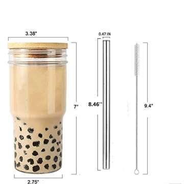 Benestanti 4 Pack Glass Cups with Bamboo Lids and Straws, Reusable Tumbler For Boba, Smoothie, Iced Coffee,Wide Mouth Drinking Jars for Bubble Tea,Juice,Gift, 22 oz