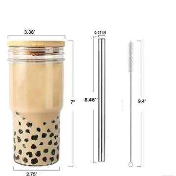 Benestanti 4 Pack Glass Cups with Bamboo Lids and Straws, Reusable Tumbler For Boba, Smoothie, Iced Coffee,Wide Mouth Drinking Jars for Bubble Tea,Juice,Gift, 22 oz