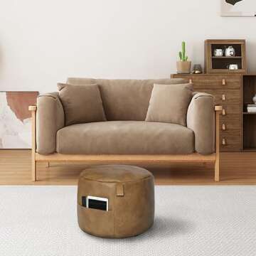 Thgonwid Unstuffed Faux Leather Pouf Cover Handle, Footstool Ottoman Storage Solution, Floor Footrest Cushion - 16.5”Dx12”H, No Filler, (Pocket-Handle) Mocha