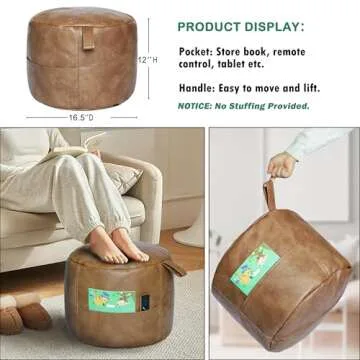 Thgonwid Unstuffed Faux Leather Pouf Cover Handle, Footstool Ottoman Storage Solution, Floor Footrest Cushion - 16.5”Dx12”H, No Filler, (Pocket-Handle) Mocha