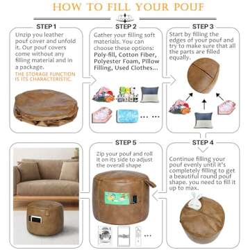 Thgonwid Unstuffed Faux Leather Pouf Cover Handle, Footstool Ottoman Storage Solution, Floor Footrest Cushion - 16.5”Dx12”H, No Filler, (Pocket-Handle) Mocha