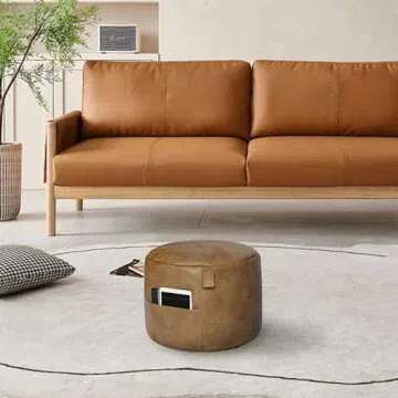 Thgonwid Unstuffed Faux Leather Pouf Cover Handle, Footstool Ottoman Storage Solution, Floor Footrest Cushion - 16.5”Dx12”H, No Filler, (Pocket-Handle) Mocha