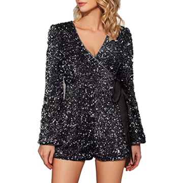 EXTRO&VERT Sequin Romper for Women Sparkly One Piece Jumpsuit Long Sleeve Disco Party Outfit
