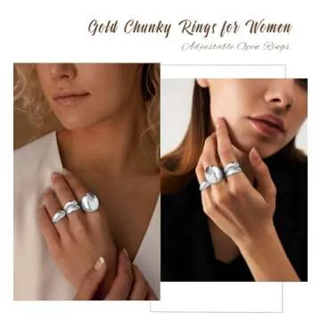 3PCS Chunky Gold Rings for Women Adjustable Round Dome Ring Set Open Bold Thick Rings Chunky Silver Rings Minimalist Solid Ring Band Stackable Statement Jewelry Size 6-9(Silver)