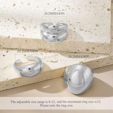 3PCS Chunky Gold Rings for Women Adjustable Round Dome Ring Set Open Bold Thick Rings Chunky Silver Rings Minimalist Solid Ring Band Stackable Statement Jewelry Size 6-9(Silver)