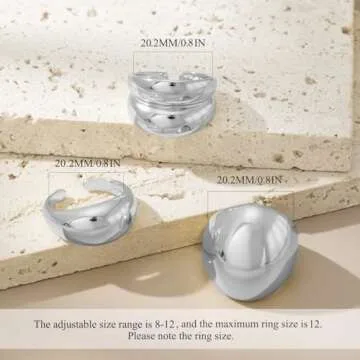 3PCS Chunky Gold Rings for Women Adjustable Round Dome Ring Set Open Bold Thick Rings Chunky Silver Rings Minimalist Solid Ring Band Stackable Statement Jewelry Size 6-9(Silver)
