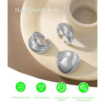 3PCS Chunky Gold Rings for Women Adjustable Round Dome Ring Set Open Bold Thick Rings Chunky Silver Rings Minimalist Solid Ring Band Stackable Statement Jewelry Size 6-9(Silver)