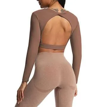 Aoxjox Long Sleeve Crop Tops for Women Define Sculpt Workout Cropped T Shirt Top (Fudge Coffee, Small)