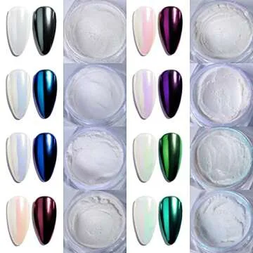 Laza White Pearl Chrome Nail Powder, 8 Colors Metallic Mirror Effect Pigment, Ice Transparent Aurora...