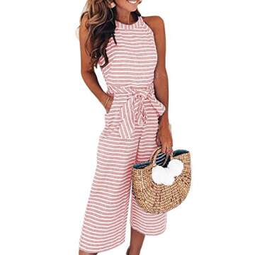 Alelly Women's Summer Jumpsuits Striped Tie Back Sleeveless Backless Wide Long Pants Rompers