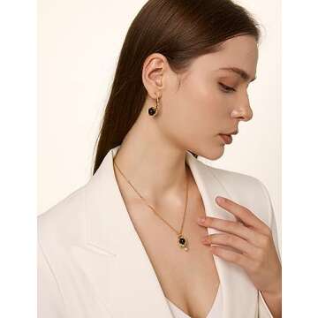 N9NEMUSES Double Sided Pendant Necklace, 18K Gold Blue Opal and Black Onyx Reversible Necklace with Dainty Pearl Charm, 2-Sided Multi-wear Design Necklace for Women