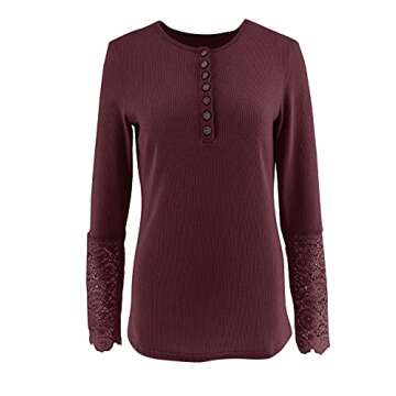Limerose Women's Long Sleeve Lace Trim Tunic Tops Button Down Casual Blouse Cute Crew Neck Ribbed Shirt Wine