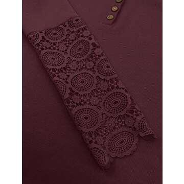 Limerose Women's Long Sleeve Lace Trim Tunic Tops Button Down Casual Blouse Cute Crew Neck Ribbed Shirt Wine