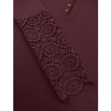 Limerose Women's Long Sleeve Lace Trim Tunic Tops Button Down Casual Blouse Cute Crew Neck Ribbed Shirt Wine