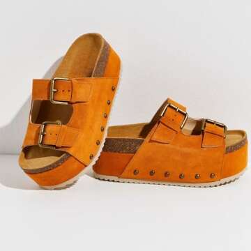 Yishaweiqi Women's Suede Platform Sandals Comfortable Cork Footbed Studded Flatform Sandals Adjustab...