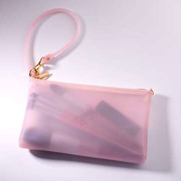 Wristlet by Pudinbag for Women | Zipper Wristlet | Phone Wristlet | Beach Pouch | Water Resistant Silicone | Semi-transparent | Vegan (Pink)