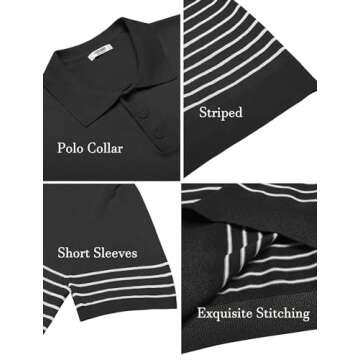 COOFANDY Men's Striped Polo Shirt Casual Knit Short Sleeve Golf Shirts Lightweight Fashion Collared T Shirts, Black, X-Large
