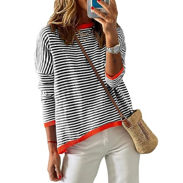 NARURAL Women's Lightweight Cotton Sweater - Stylish Striped Pullover