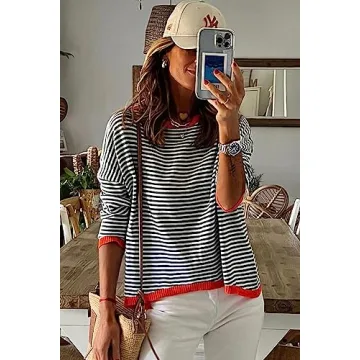 NARURAL Women's Lightweight Cotton Striped Sweater