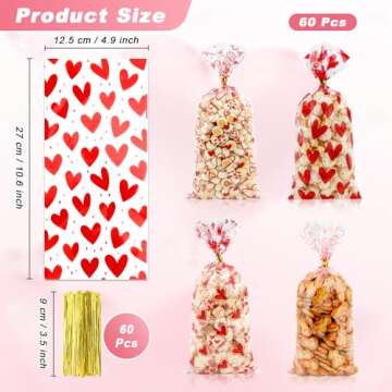 Valentine Treat Bags, Valentine Cellophane Treat Bags, Valentines Gift Bags, 60PCS Plastic Valentines Candy Bags Cookie Bags Goodie Bags with Twist Ties for Valentines Day Wedding Party Favor Supplies