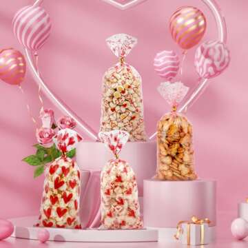 Valentine Treat Bags, Valentine Cellophane Treat Bags, Valentines Gift Bags, 60PCS Plastic Valentines Candy Bags Cookie Bags Goodie Bags with Twist Ties for Valentines Day Wedding Party Favor Supplies