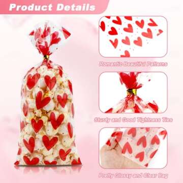 Valentine Treat Bags, Valentine Cellophane Treat Bags, Valentines Gift Bags, 60PCS Plastic Valentines Candy Bags Cookie Bags Goodie Bags with Twist Ties for Valentines Day Wedding Party Favor Supplies