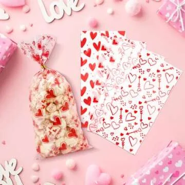 Valentine Treat Bags, Valentine Cellophane Treat Bags, Valentines Gift Bags, 60PCS Plastic Valentines Candy Bags Cookie Bags Goodie Bags with Twist Ties for Valentines Day Wedding Party Favor Supplies