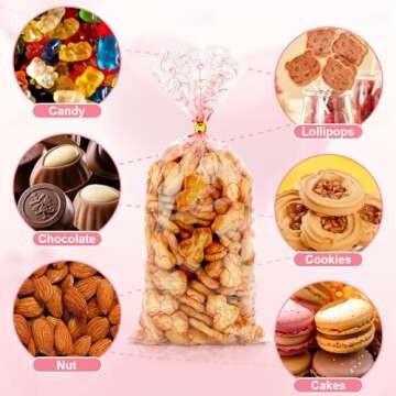 Valentine Treat Bags, Valentine Cellophane Treat Bags, Valentines Gift Bags, 60PCS Plastic Valentines Candy Bags Cookie Bags Goodie Bags with Twist Ties for Valentines Day Wedding Party Favor Supplies