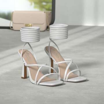 Mostrin White Strappy Heels for Women Lace Up Heels Tie Up Stiletto Heeled Sandals Square Open Toe H...