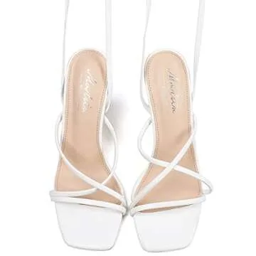 Mostrin White Strappy Heels for Women Lace Up Heels Tie Up Stiletto Heeled Sandals Square Open Toe High Heels for Prom, Party and Weddings Size 7
