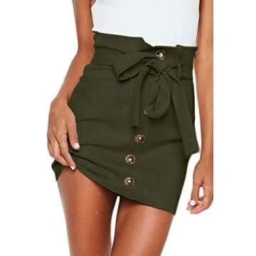 Meyeeka Junior High Waist Faux Suede Button Skirt Solid Zipper Closure A-Line Mini Skirt M Army Green
