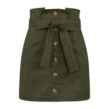 Meyeeka Junior High Waist Faux Suede Button Skirt Solid Zipper Closure A-Line Mini Skirt M Army Green