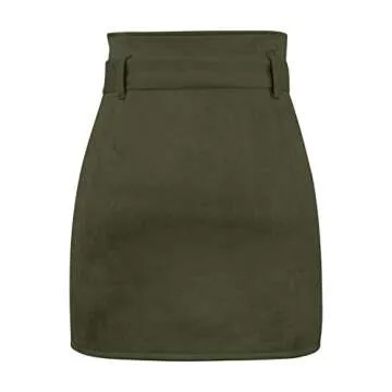 Meyeeka Junior High Waist Faux Suede Button Skirt Solid Zipper Closure A-Line Mini Skirt M Army Green